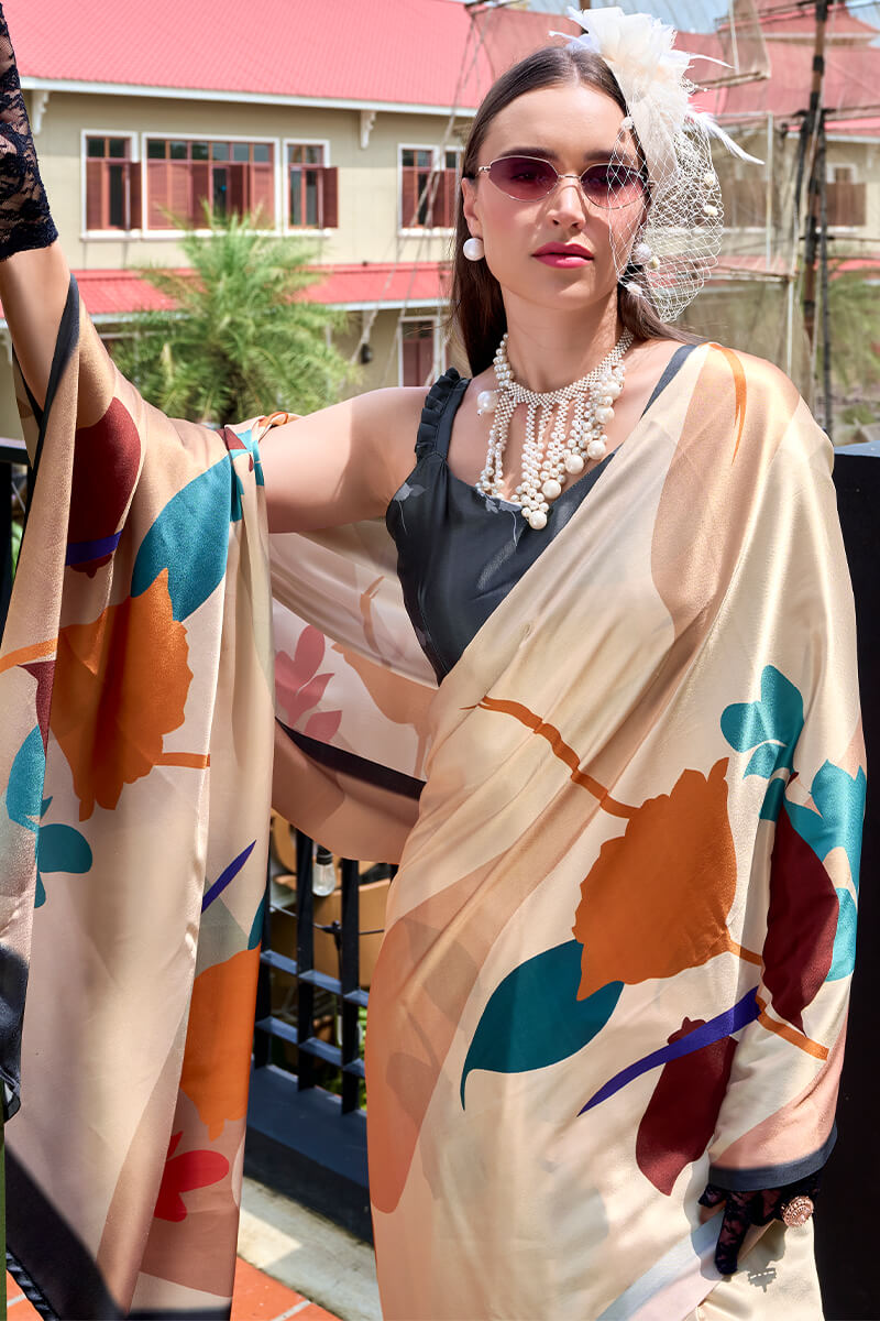 Vanilla Beige Printed Satin Crepe Silk Saree