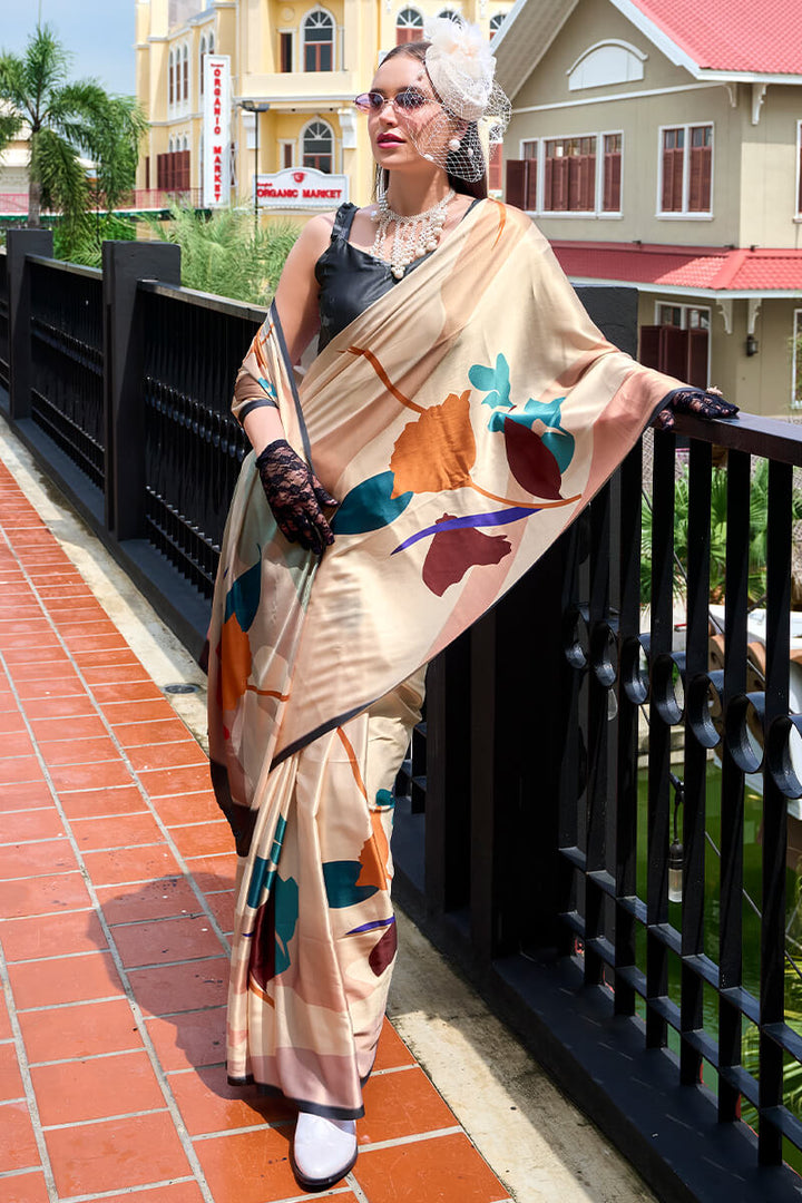 Vanilla Beige Printed Satin Crepe Silk Saree