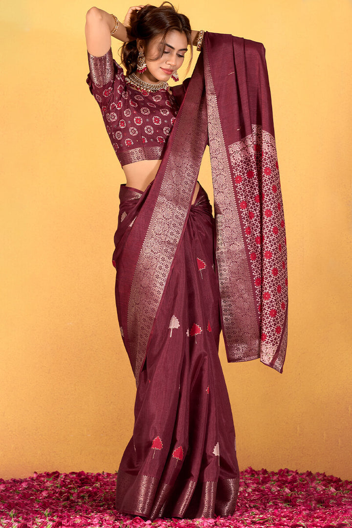 Velvet Maroon Foil Printed Pure Dola Silk Saree