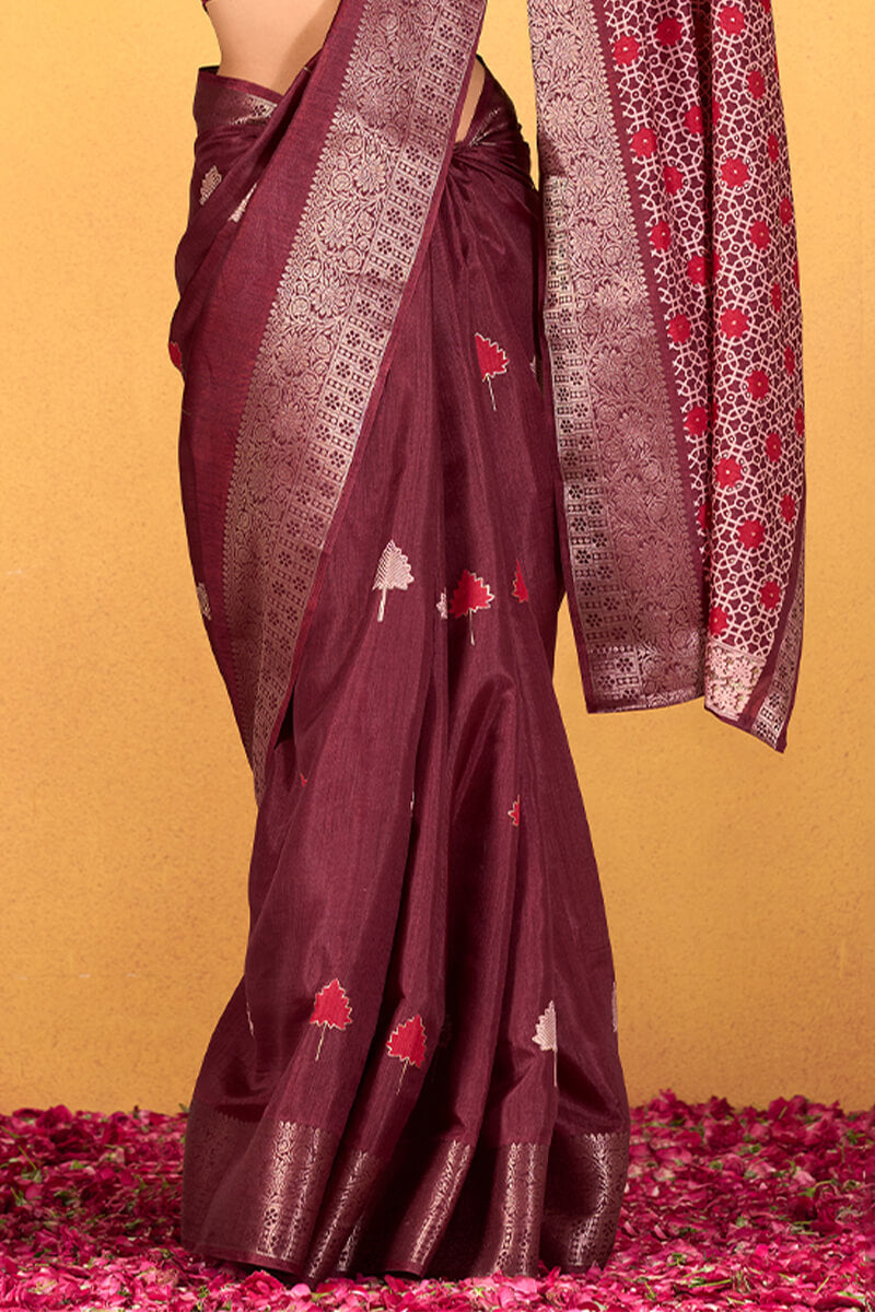 Velvet Maroon Foil Printed Pure Dola Silk Saree