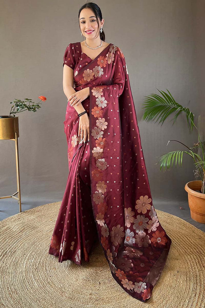 Velvet Maroon Soft Banarasi Silk Saree