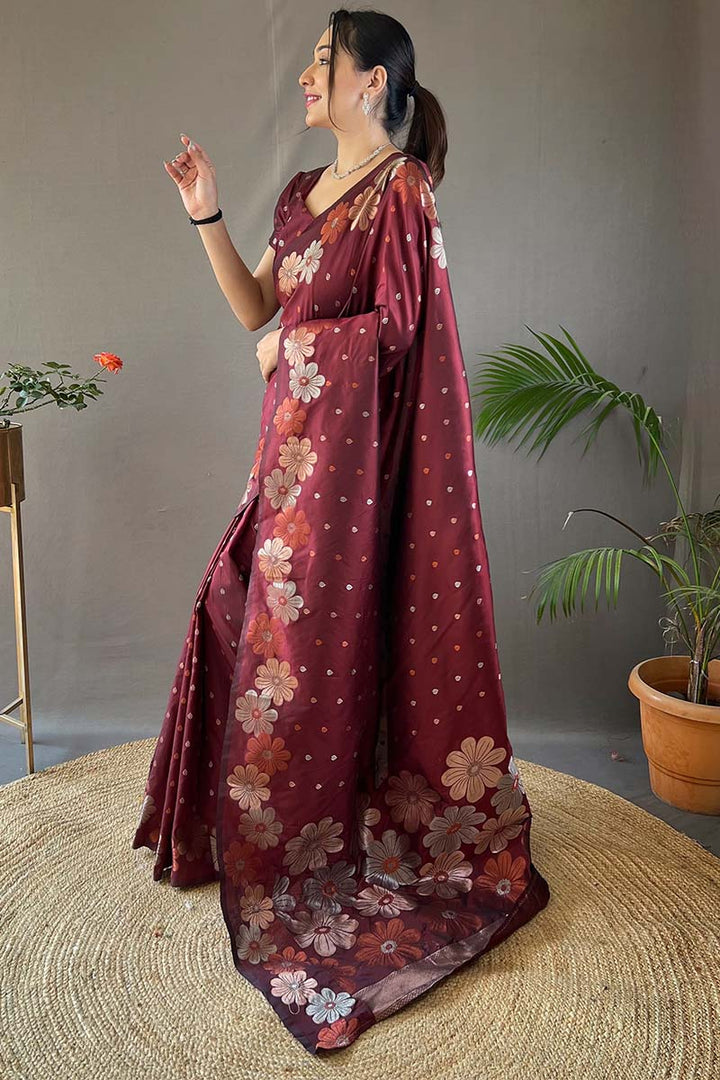 Velvet Maroon Soft Banarasi Silk Saree