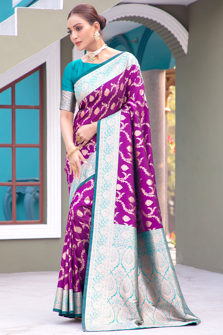 Velvet Purple Satin Banarasi Silk Saree