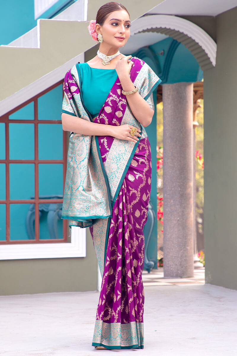 Velvet Purple Satin Banarasi Silk Saree