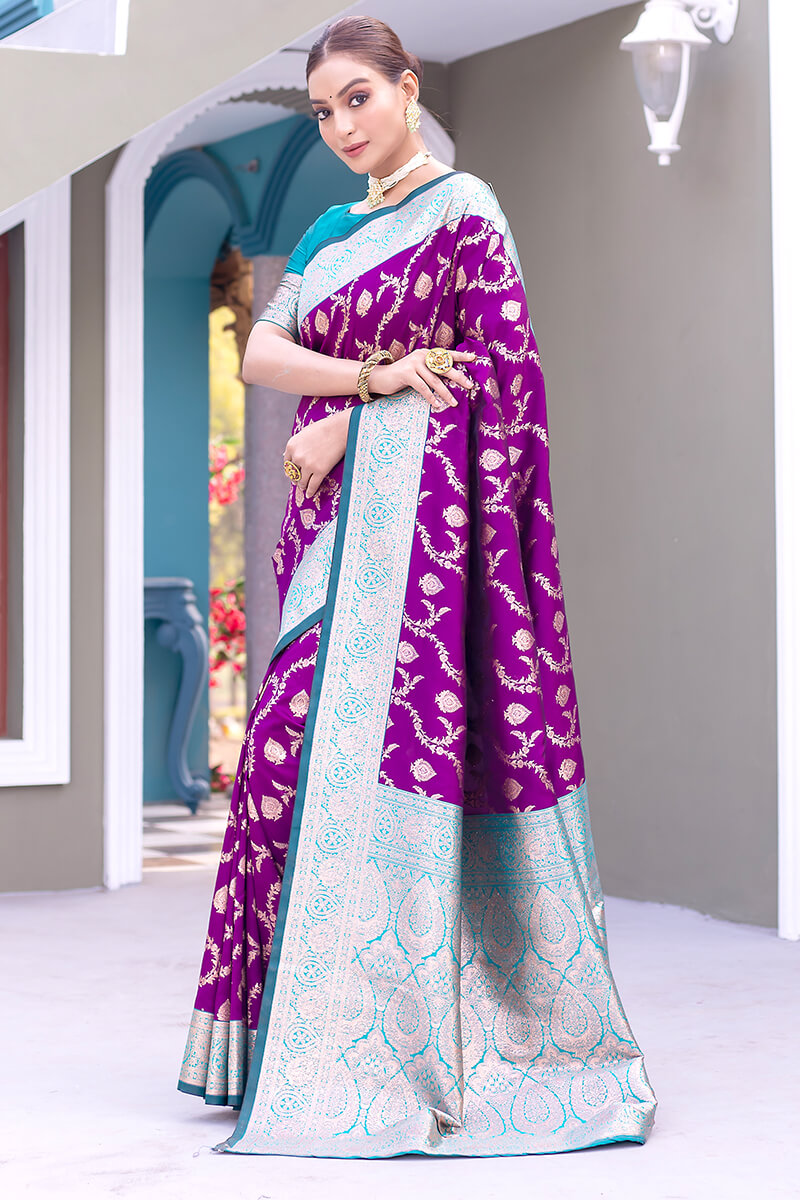 Velvet Purple Satin Banarasi Silk Saree