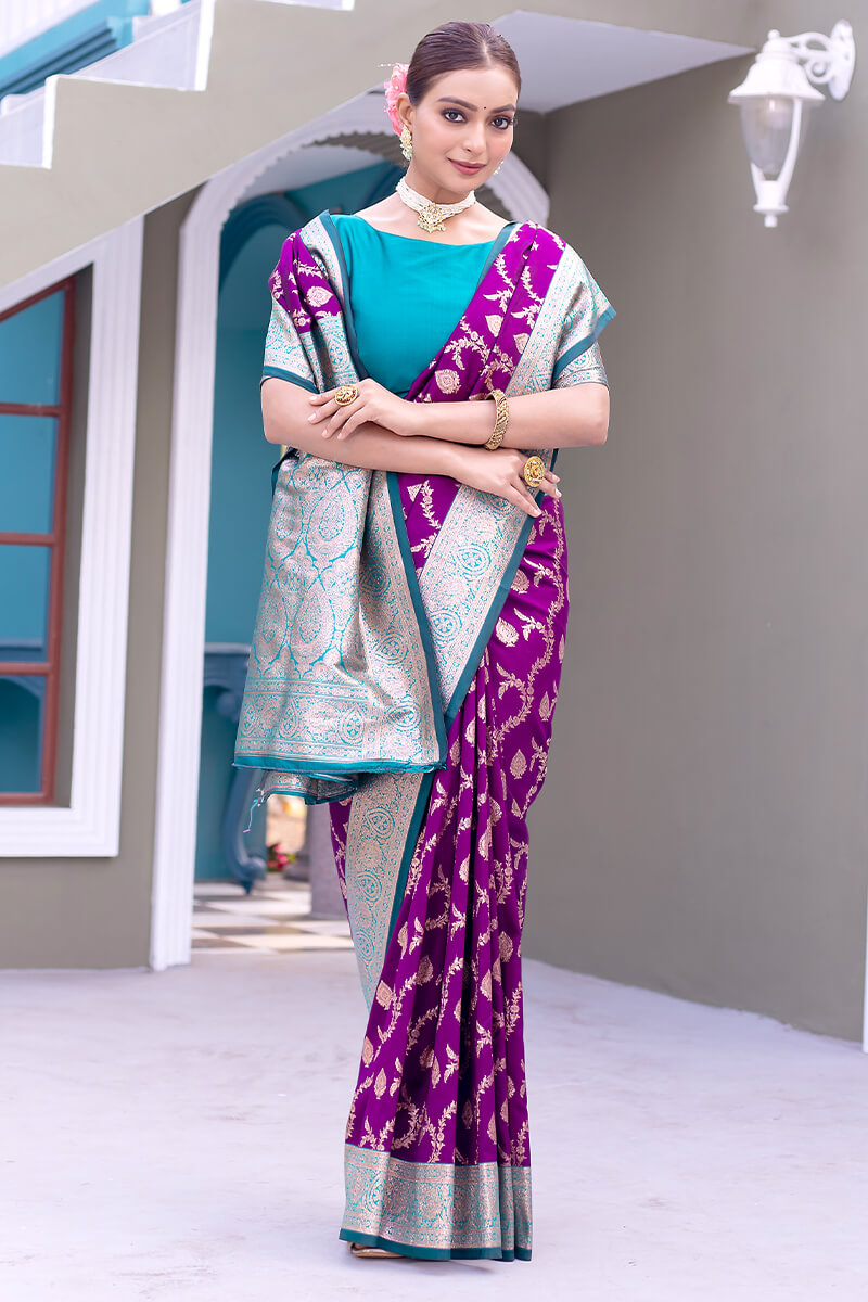 Velvet Purple Satin Banarasi Silk Saree