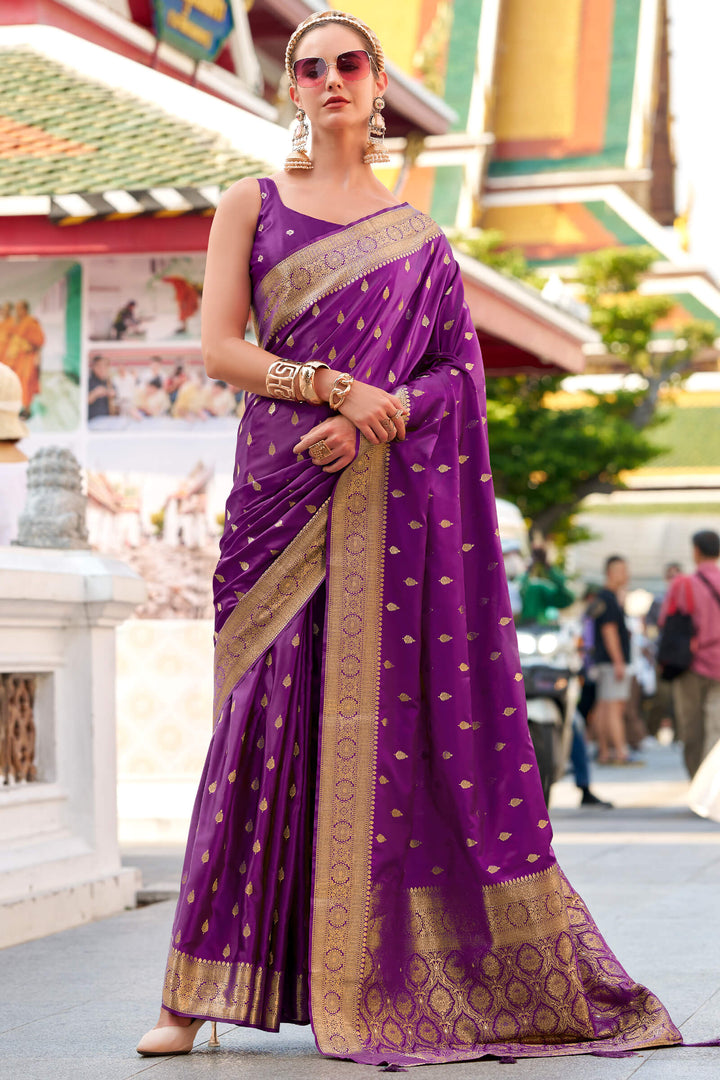 Velvet Purple Zari Woven Banarasi Satin Silk Saree