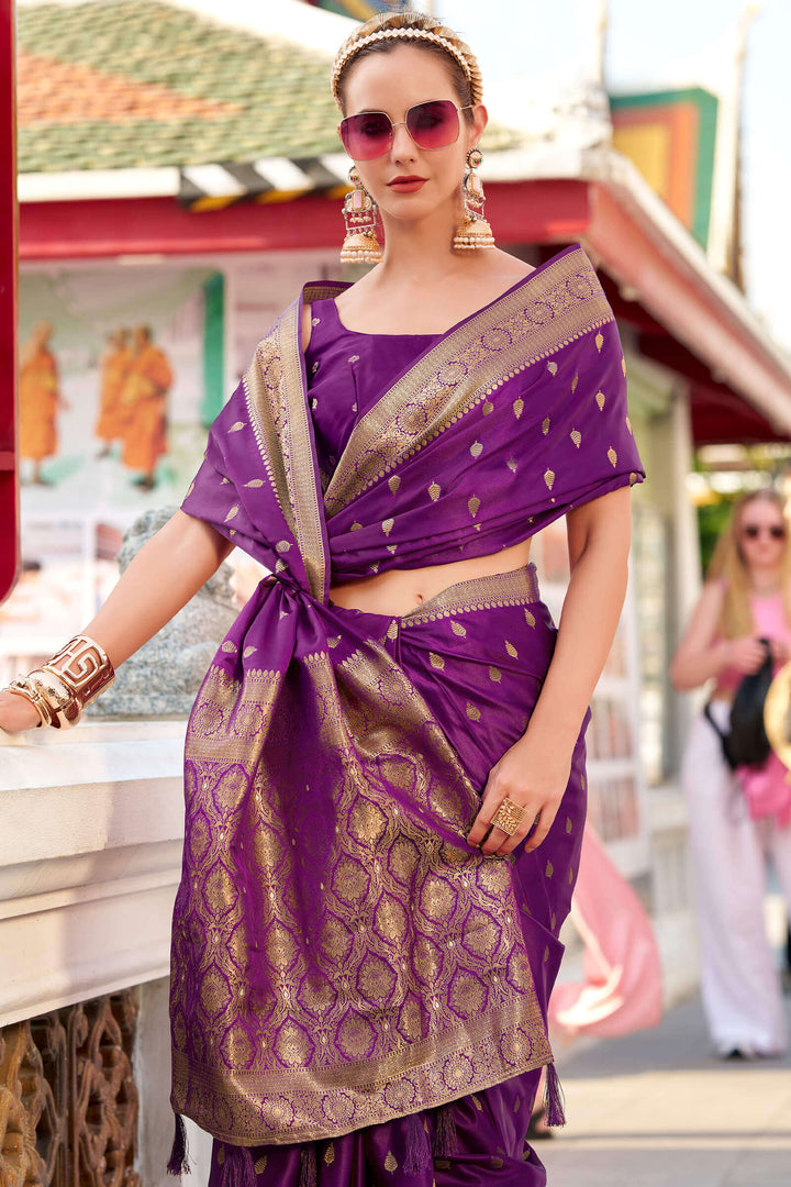 Velvet Purple Zari Woven Banarasi Satin Silk Saree