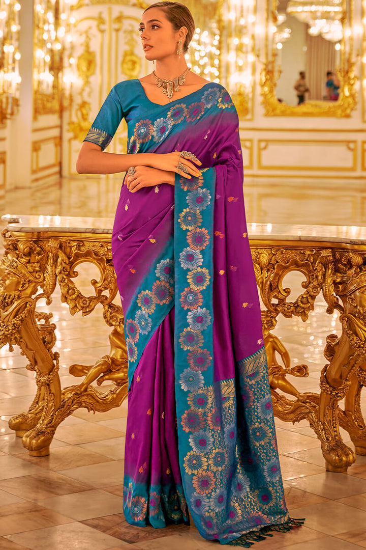 Velvet Purple Zari woven Soft Banarasi Silk Saree