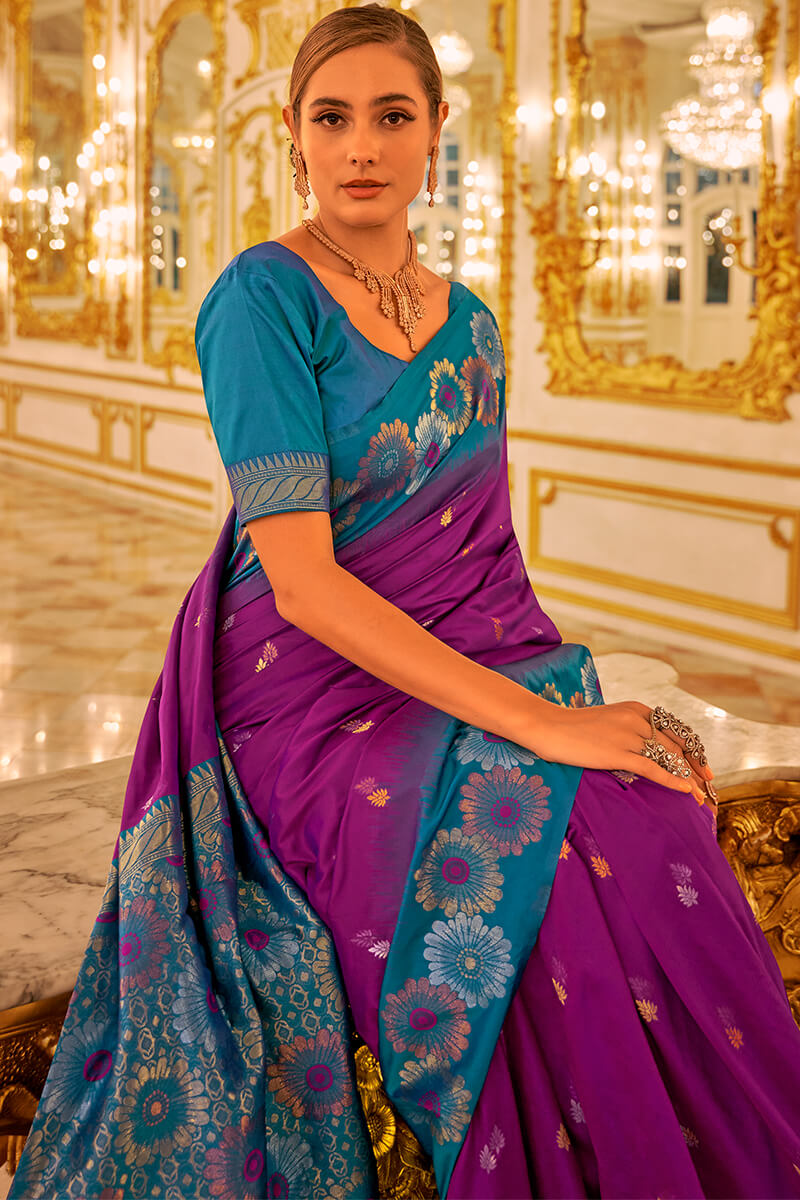 Velvet Purple Zari woven Soft Banarasi Silk Saree