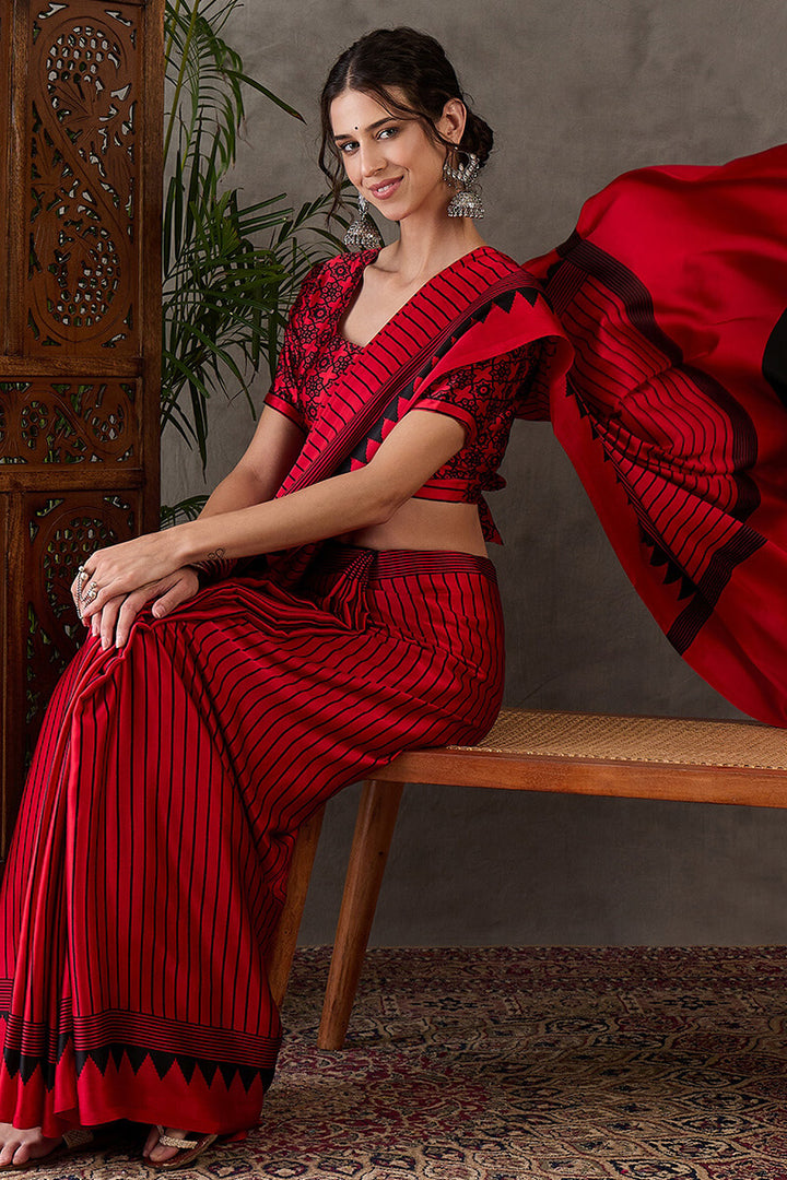 Venetian Red Ajrakh Printed Satin Silk Saree