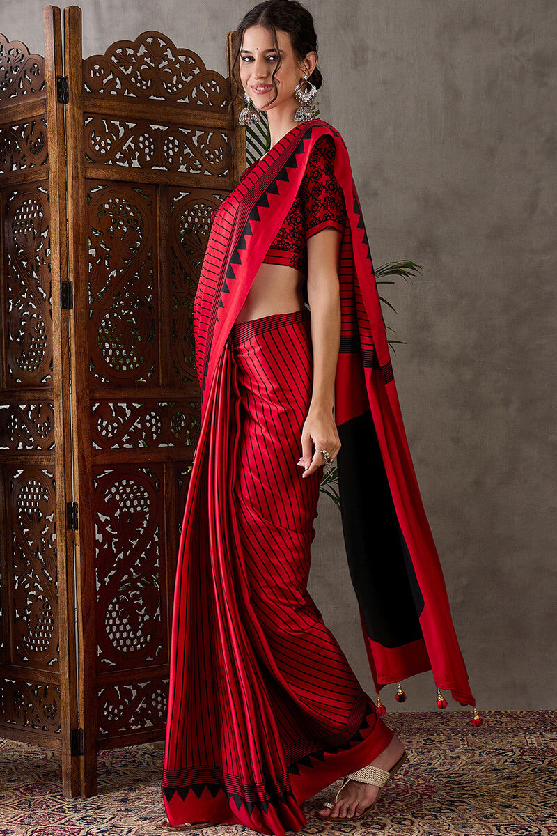 Venetian Red Ajrakh Printed Satin Silk Saree