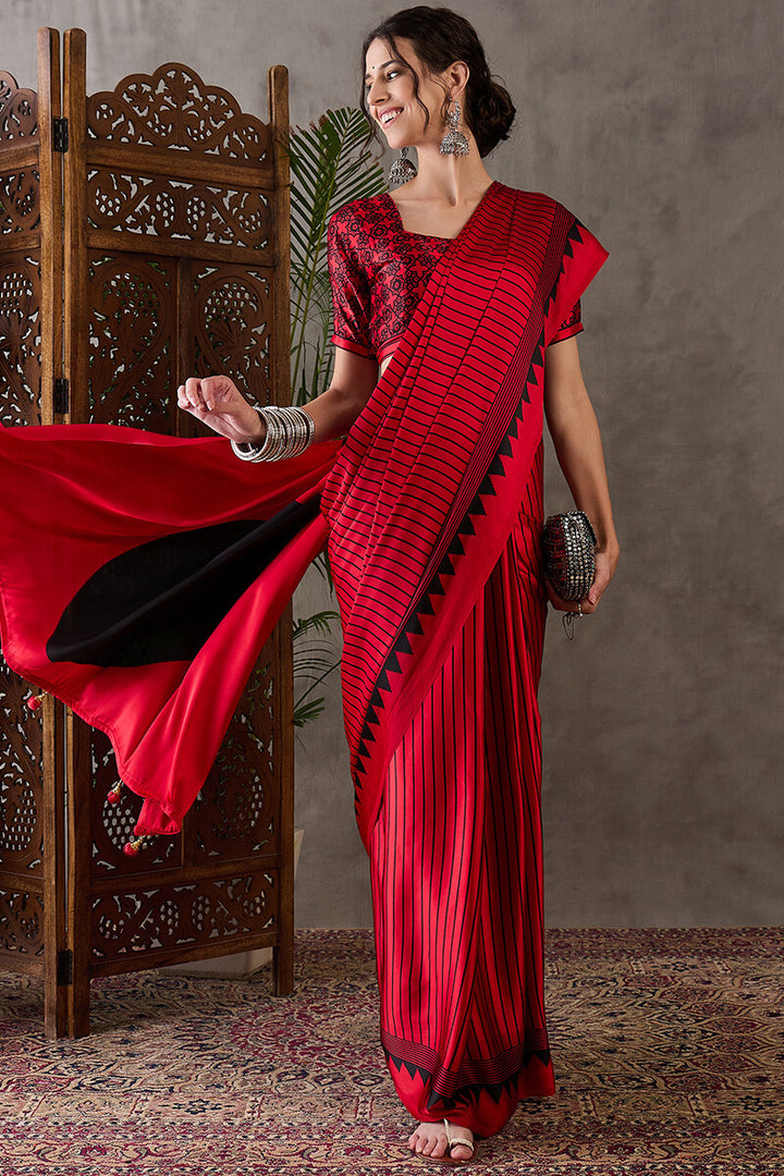 Venetian Red Ajrakh Printed Satin Silk Saree