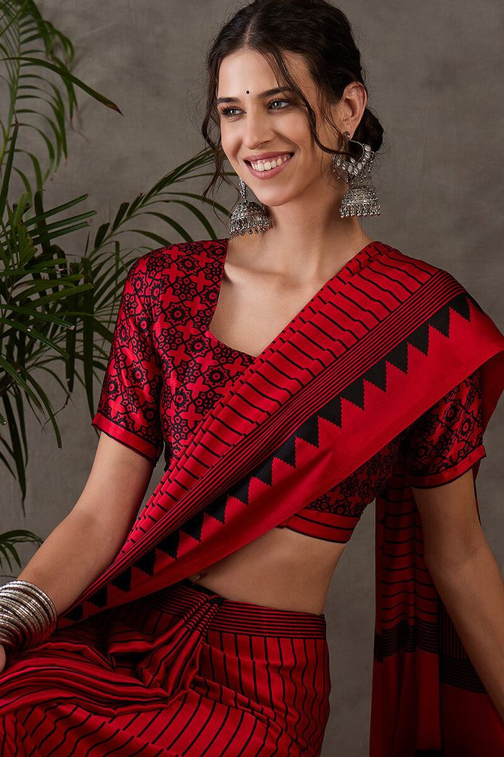 Venetian Red Ajrakh Printed Satin Silk Saree