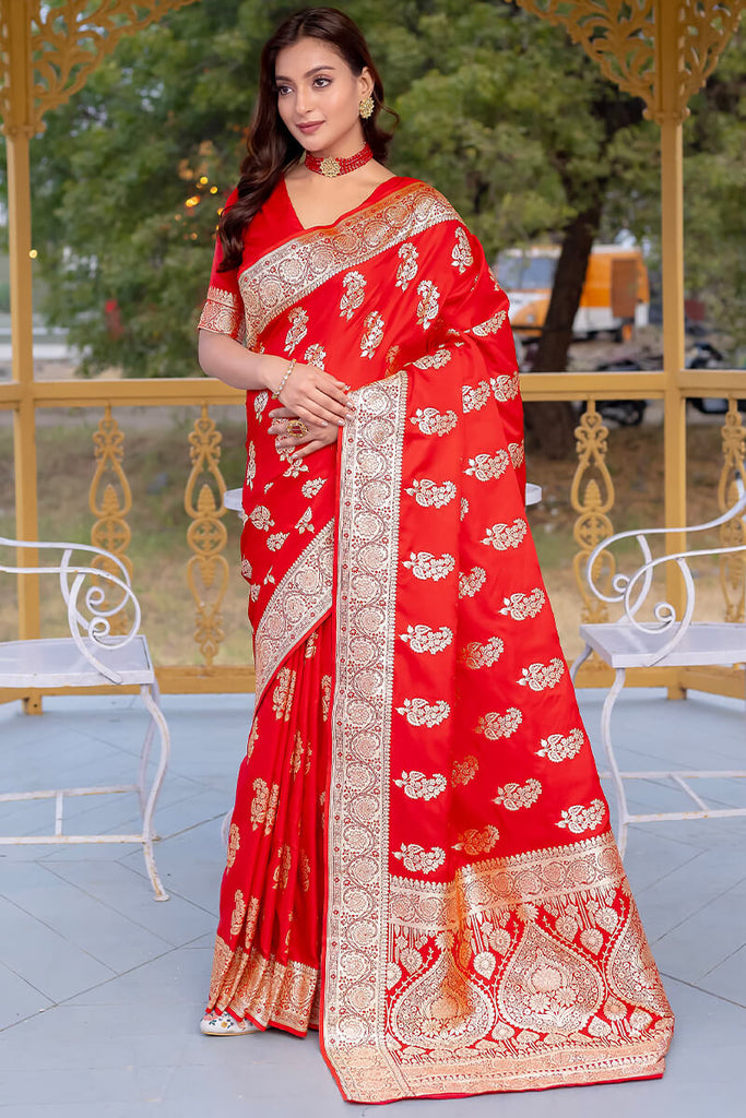 Venetian Red Zari Woven Banarasi Satin Silk Saree