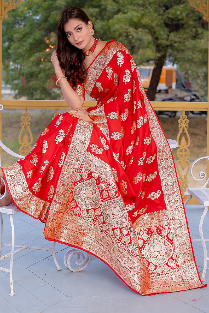 Venetian Red Zari Woven Banarasi Satin Silk Saree