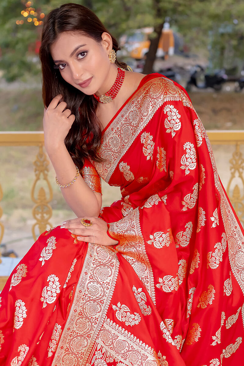 Venetian Red Zari Woven Banarasi Satin Silk Saree