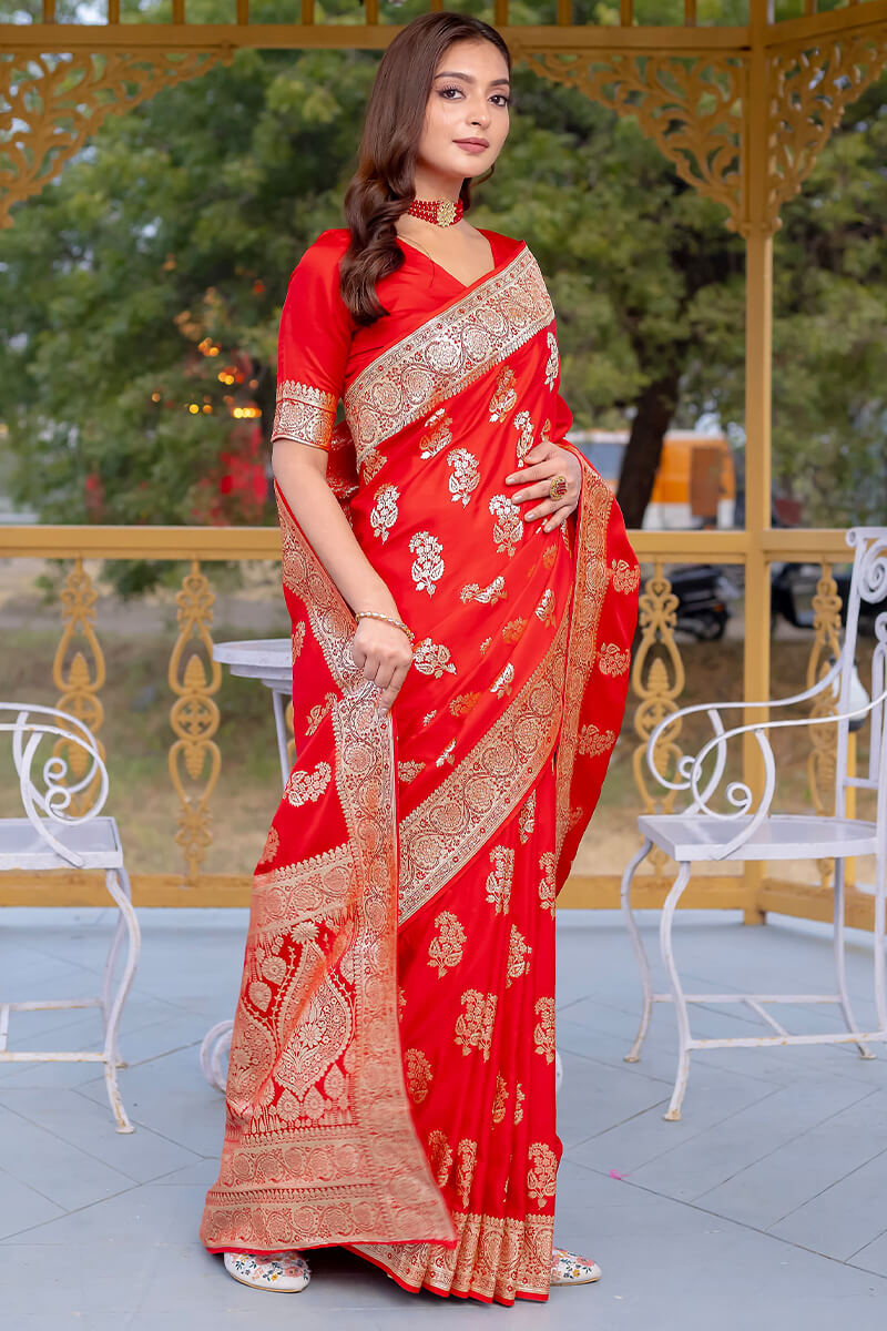 Venetian Red Zari Woven Banarasi Satin Silk Saree