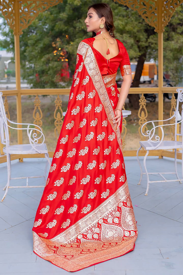 Venetian Red Zari Woven Banarasi Satin Silk Saree