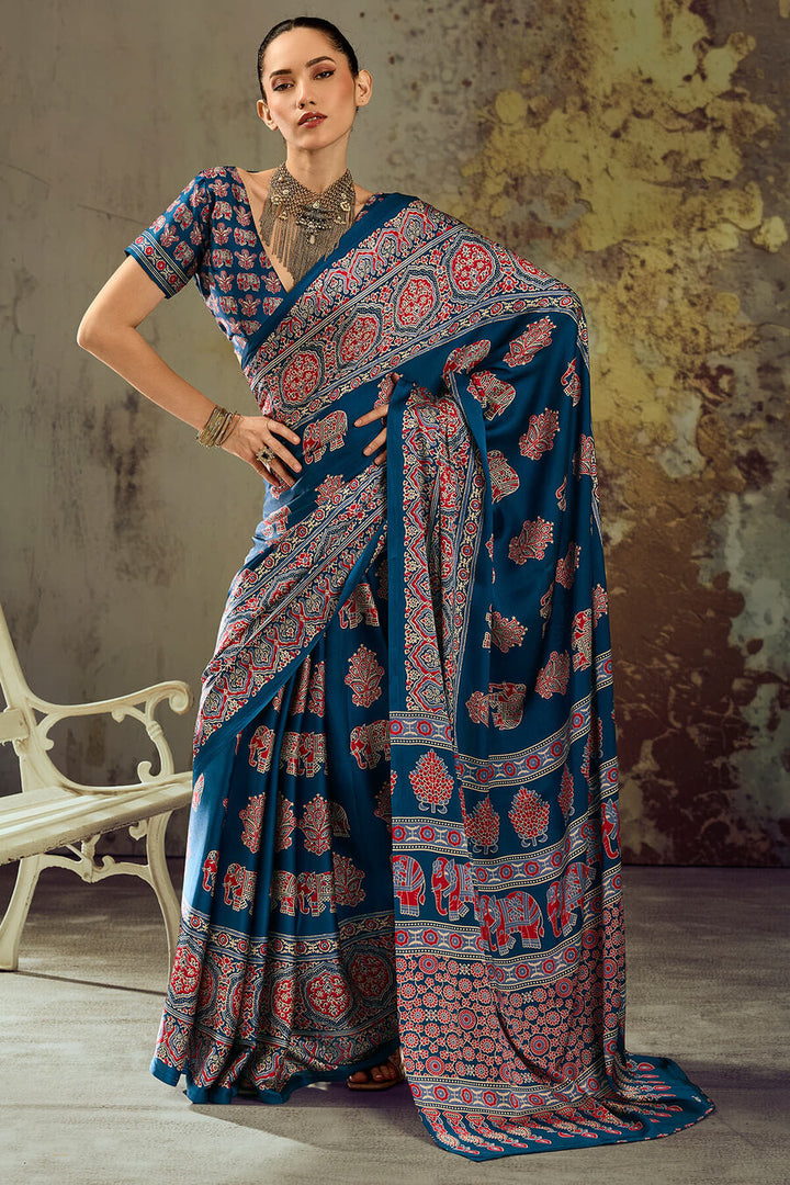 Venice Blue Ajrakh Printed Satin Silk Saree