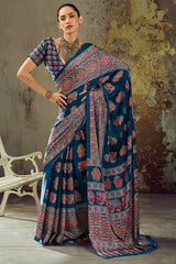 Venice Blue Ajrakh Printed Satin Silk Saree