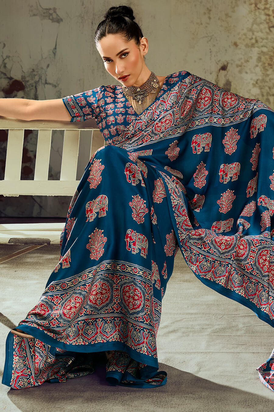 Venice Blue Ajrakh Printed Satin Silk Saree