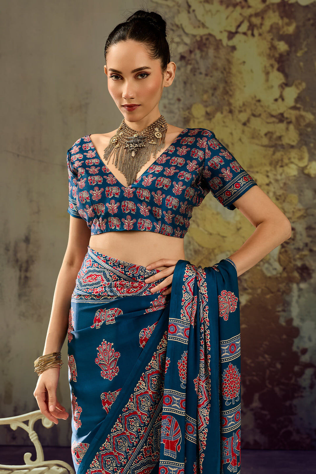 Venice Blue Ajrakh Printed Satin Silk Saree