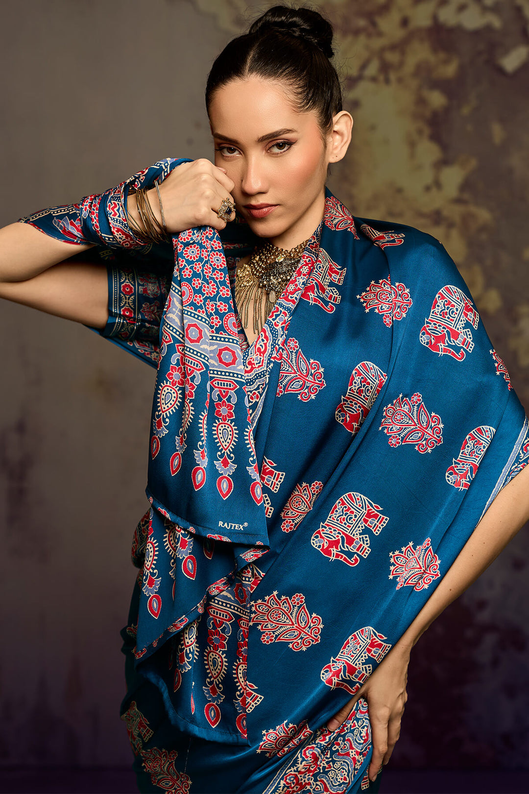 Venice Blue Ajrakh Printed Satin Silk Saree