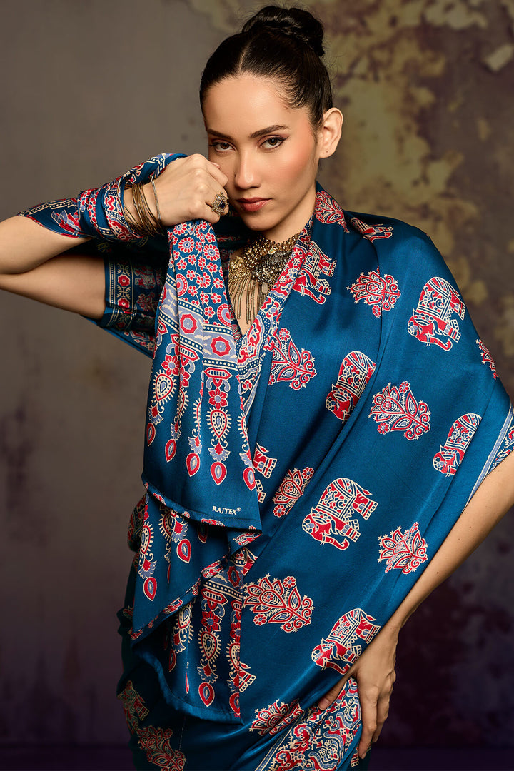Venice Blue Ajrakh Printed Satin Silk Saree