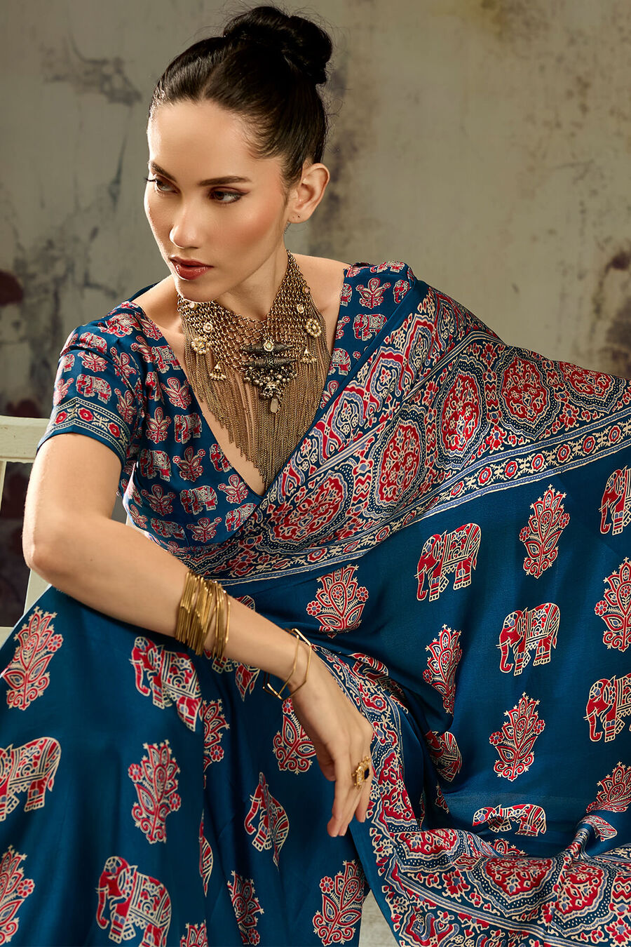 Venice Blue Ajrakh Printed Satin Silk Saree