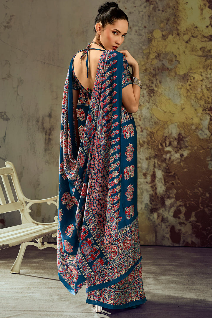 Venice Blue Ajrakh Printed Satin Silk Saree