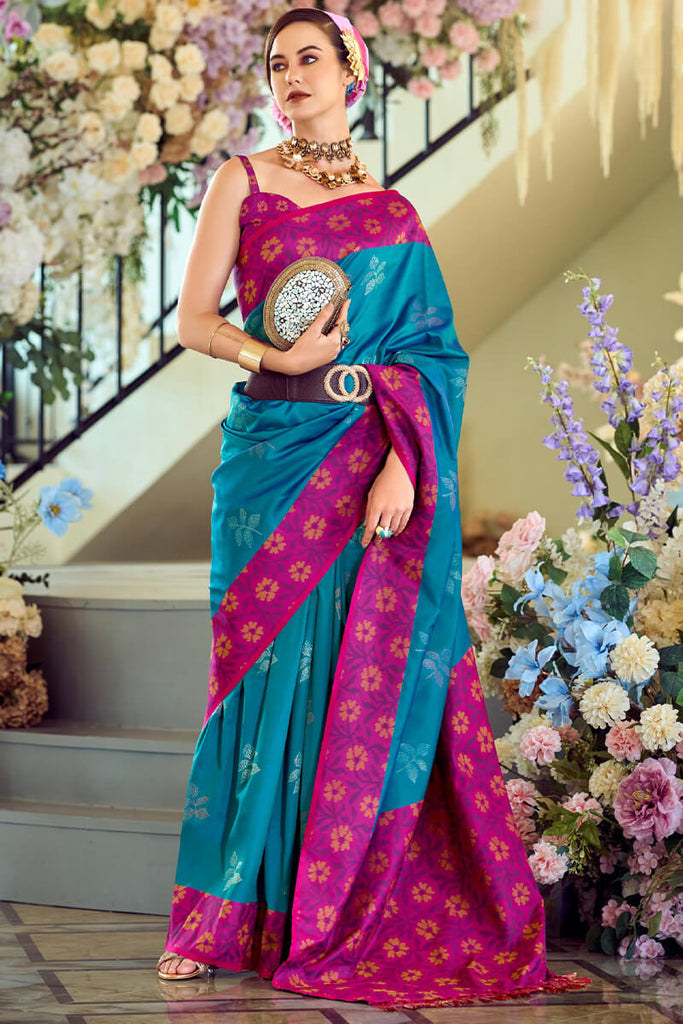 Venice Blue Soft Silk Saree with Ikkat Border