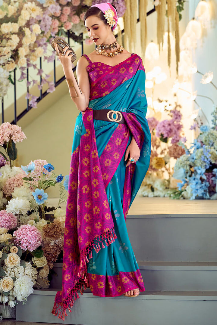 Venice Blue Soft Silk Saree with Ikkat Border