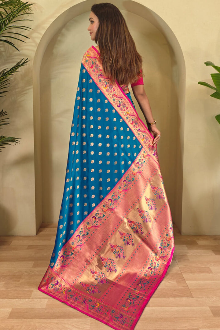 Venice Blue Zari Woven Paithani Silk Saree