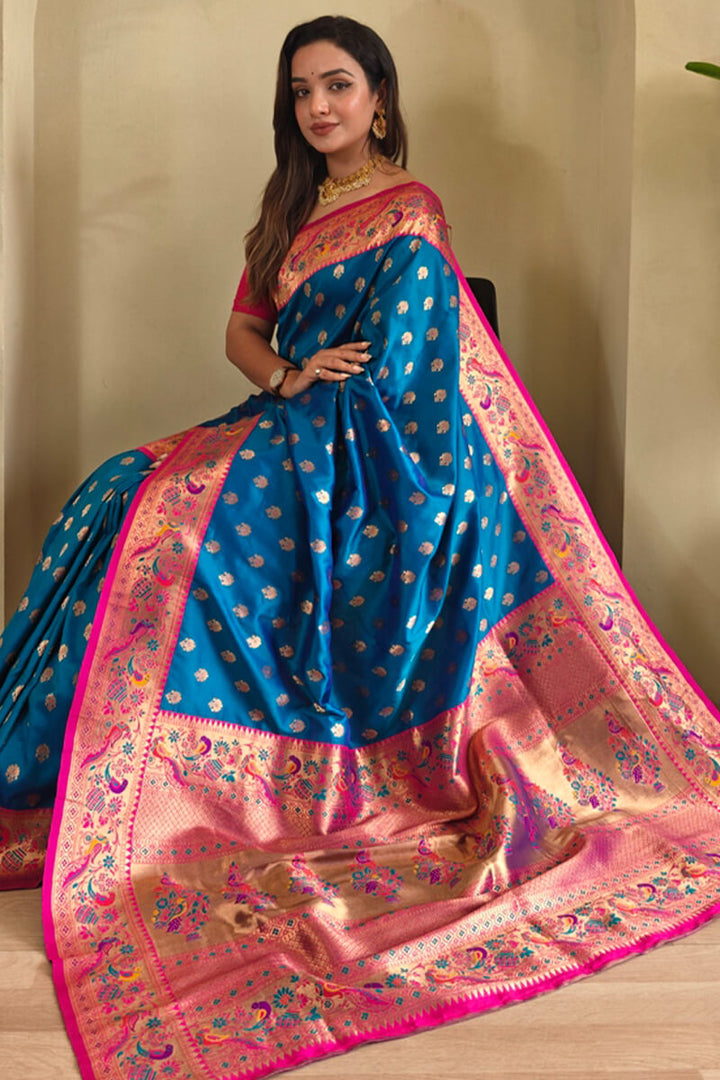 Venice Blue Zari Woven Paithani Silk Saree