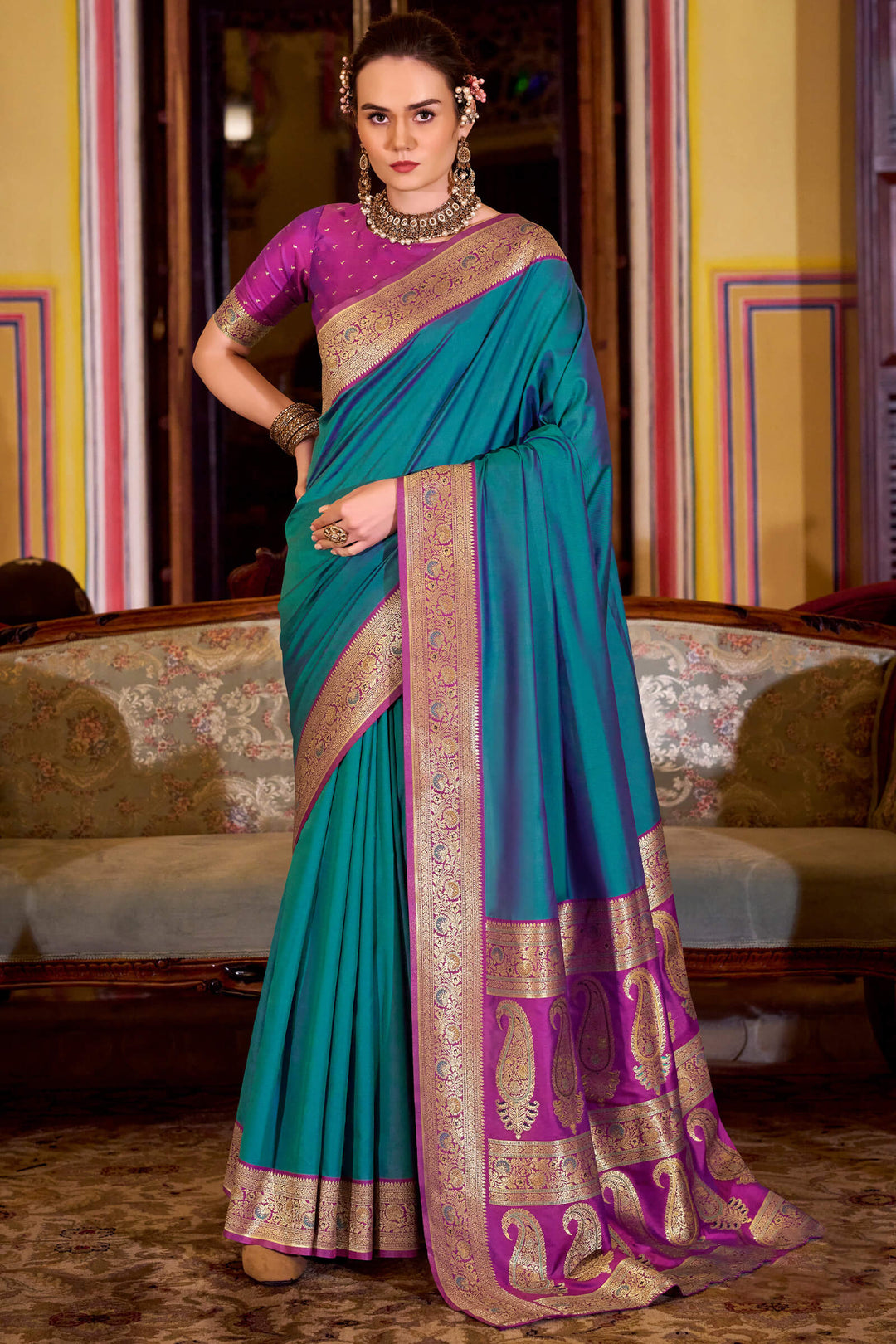 Venice Blue Zari Woven Soft Banarasi Silk Saree