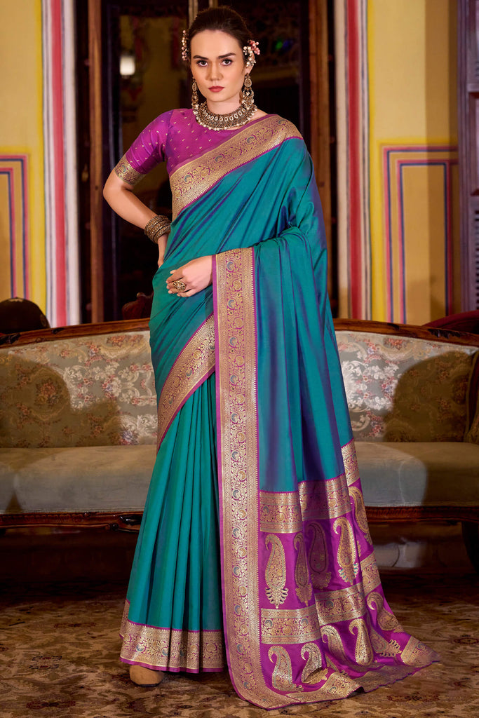 Venice Blue Zari Woven Soft Banarasi Silk Saree