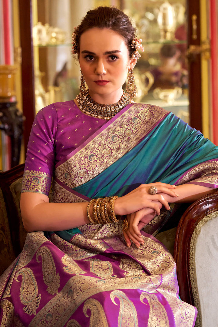 Venice Blue Zari Woven Soft Banarasi Silk Saree