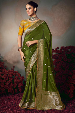 Verdun Green Banarasi Silk Saree with Designer Blouse Piece