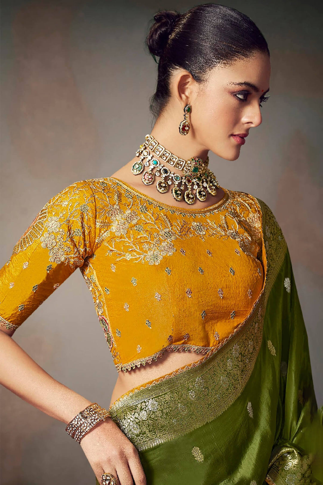 Verdun Green Banarasi Silk Saree with Designer Blouse Piece