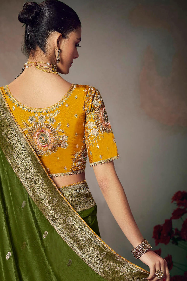 Verdun Green Banarasi Silk Saree with Designer Blouse Piece