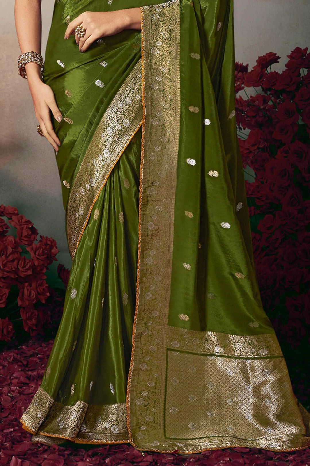 Verdun Green Banarasi Silk Saree with Designer Blouse Piece