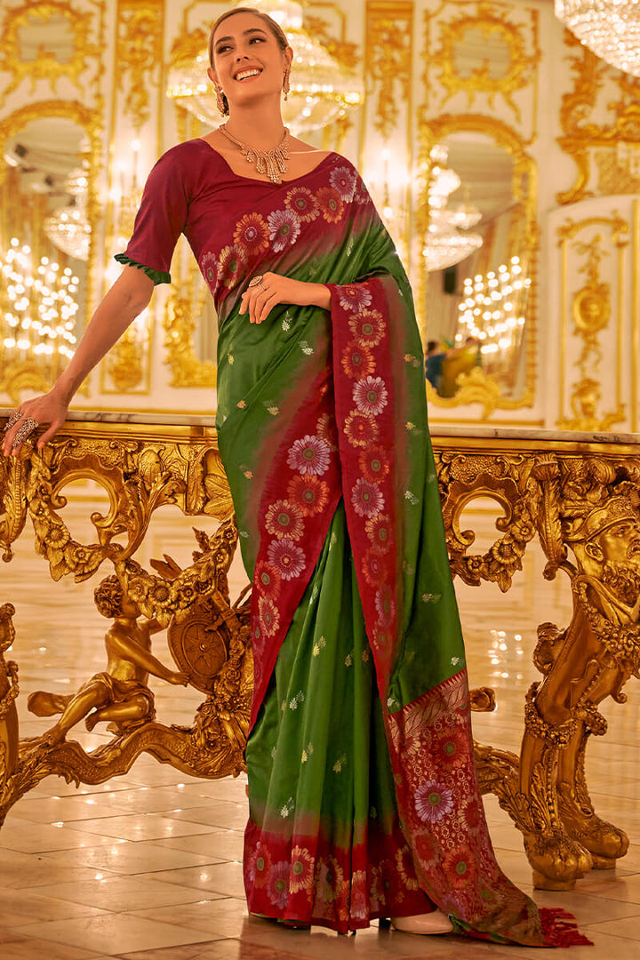 Verdun Green Zari woven Soft Banarasi Silk Saree