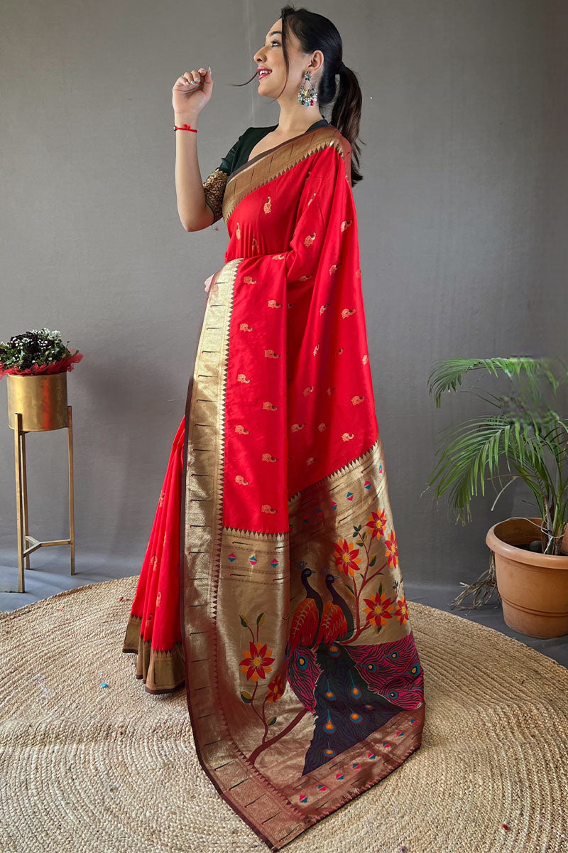 Vermilion Red Zari Woven Paithani Silk Saree