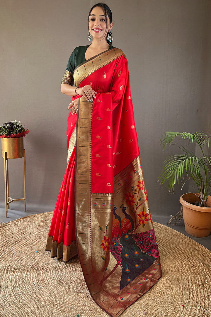 Vermilion Red Zari Woven Paithani Silk Saree