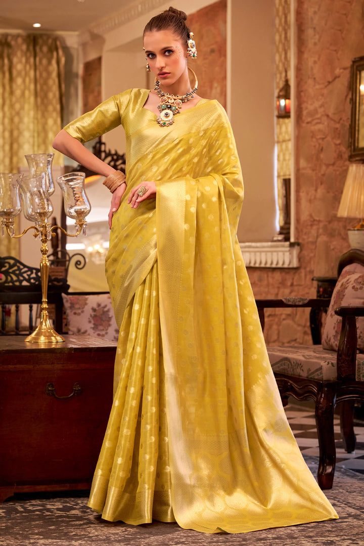 Vibrant Yellow Banarasi Tissue Silk Saree