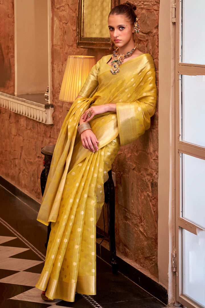 Vibrant Yellow Banarasi Tissue Silk Saree