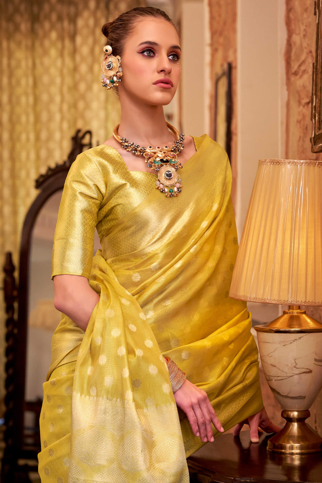 Vibrant Yellow Banarasi Tissue Silk Saree