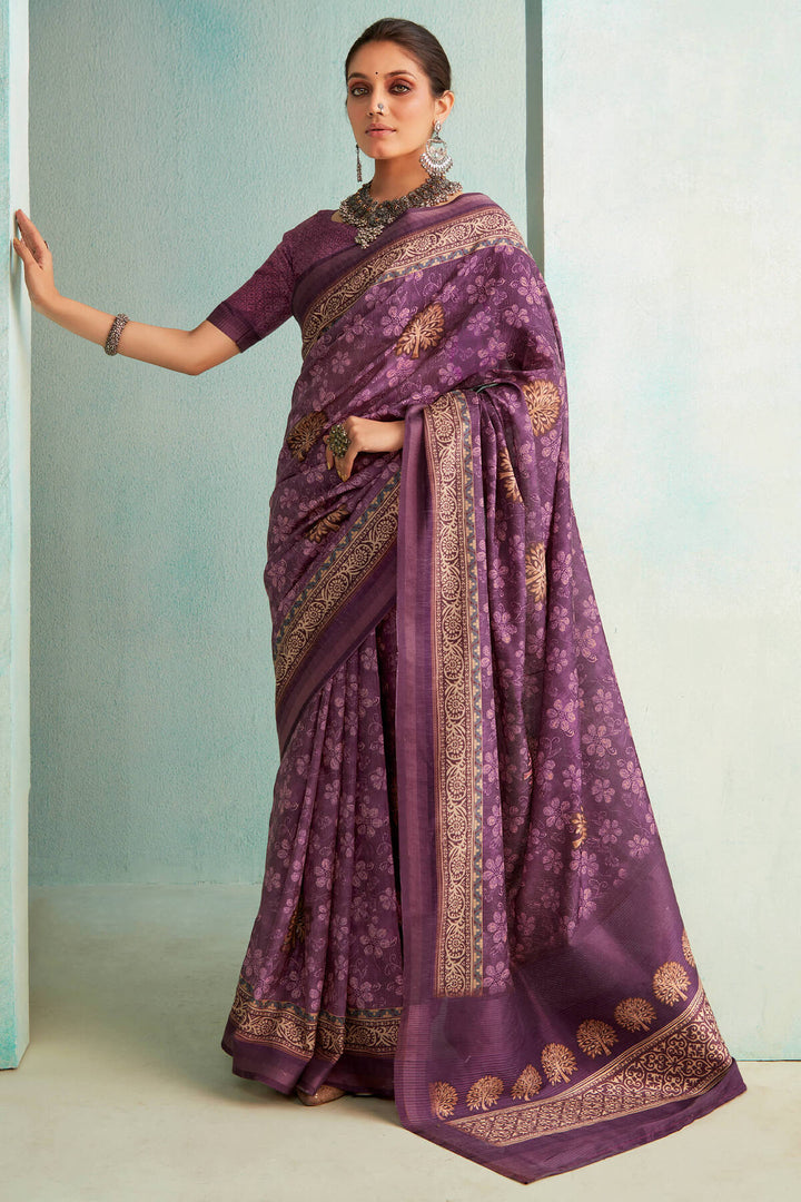 Viola Purple Handloom Woven Digital Printed Soft Silk Saree