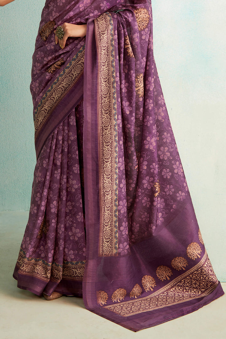 Viola Purple Handloom Woven Digital Printed Soft Silk Saree